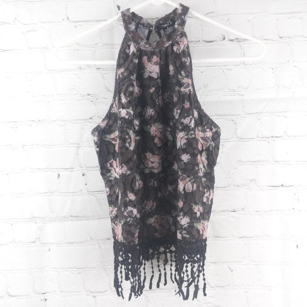 Rue 21 Floral Halter Top with Fringe Hem